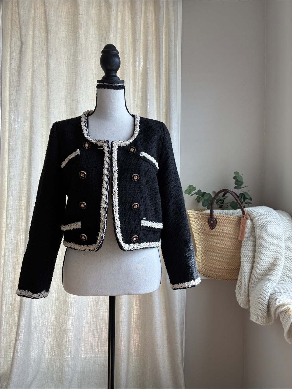 J.ING Black Cropped Tweed Blazer with Cream Fringe Trim